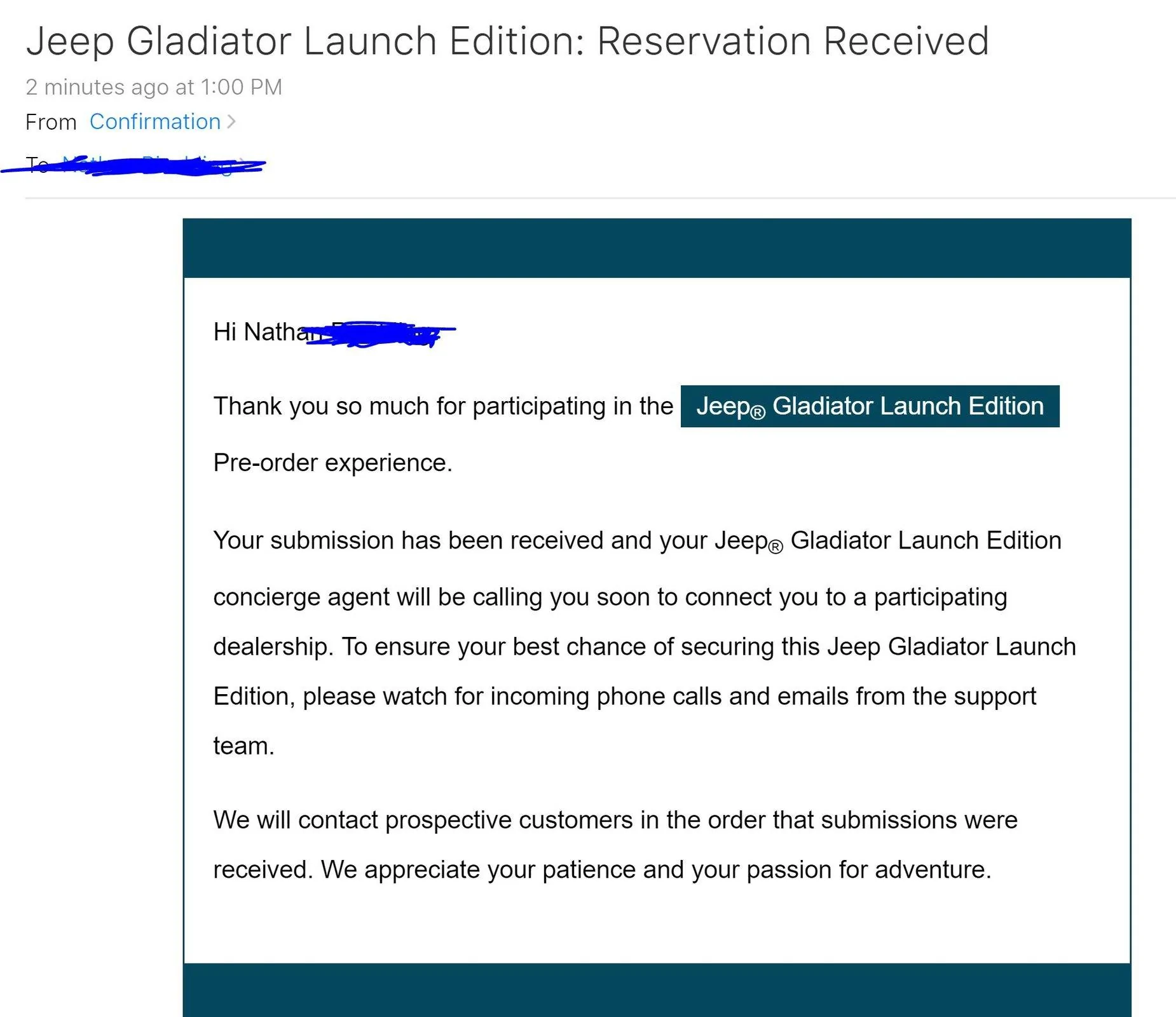 Jeep Gladiator Invitation to Pre-order Launch Edition Gladiator on April 3 (24 Hour Head Start)!! Confirmation