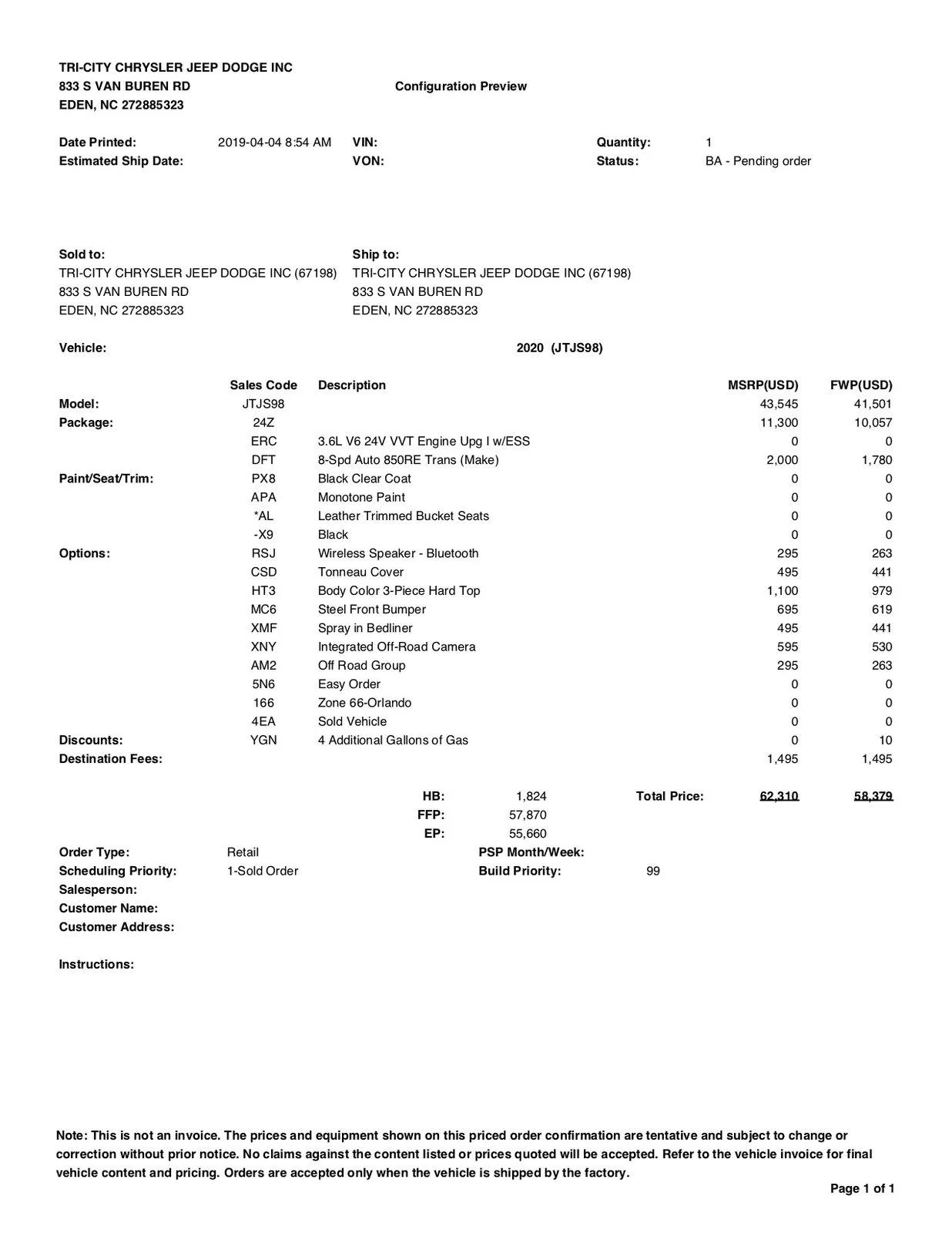 Jeep Gladiator Gladiator Launch Edition Sample Build - See Options, Invoice (FWP) Pricing & Full Package Contents 1 Launch Edition Sample Build Configuration