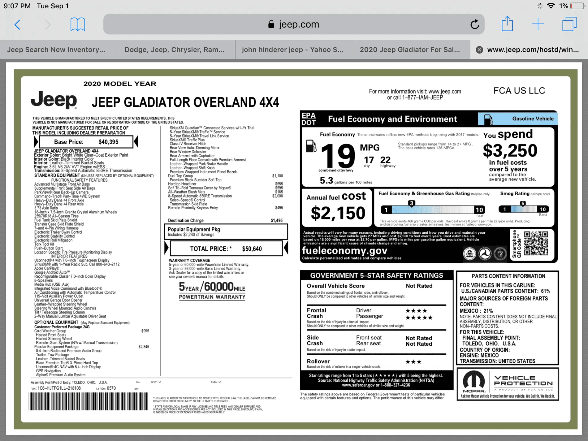 Jeep Gladiator 2020 Overland price check 0DFAF4EB-D367-4331-8D05-9148C8D95D07
