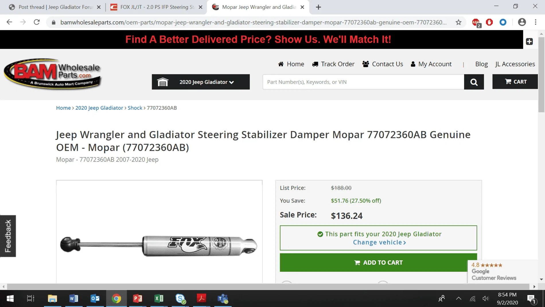 Jeep Gladiator Mopar Fox upgraded 2.0 Steering Stabilizer part number 1599094502611