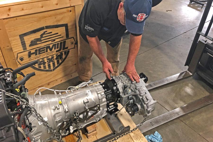 Jeep Gladiator Another Hemi swap at Northridge4x4. bolting-tcase-to-hemi