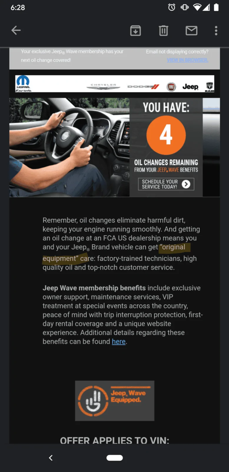 Jeep Gladiator Jeep wave and 4 free oil changes... can you use last 2 year mark? Screenshot_20200920-182802