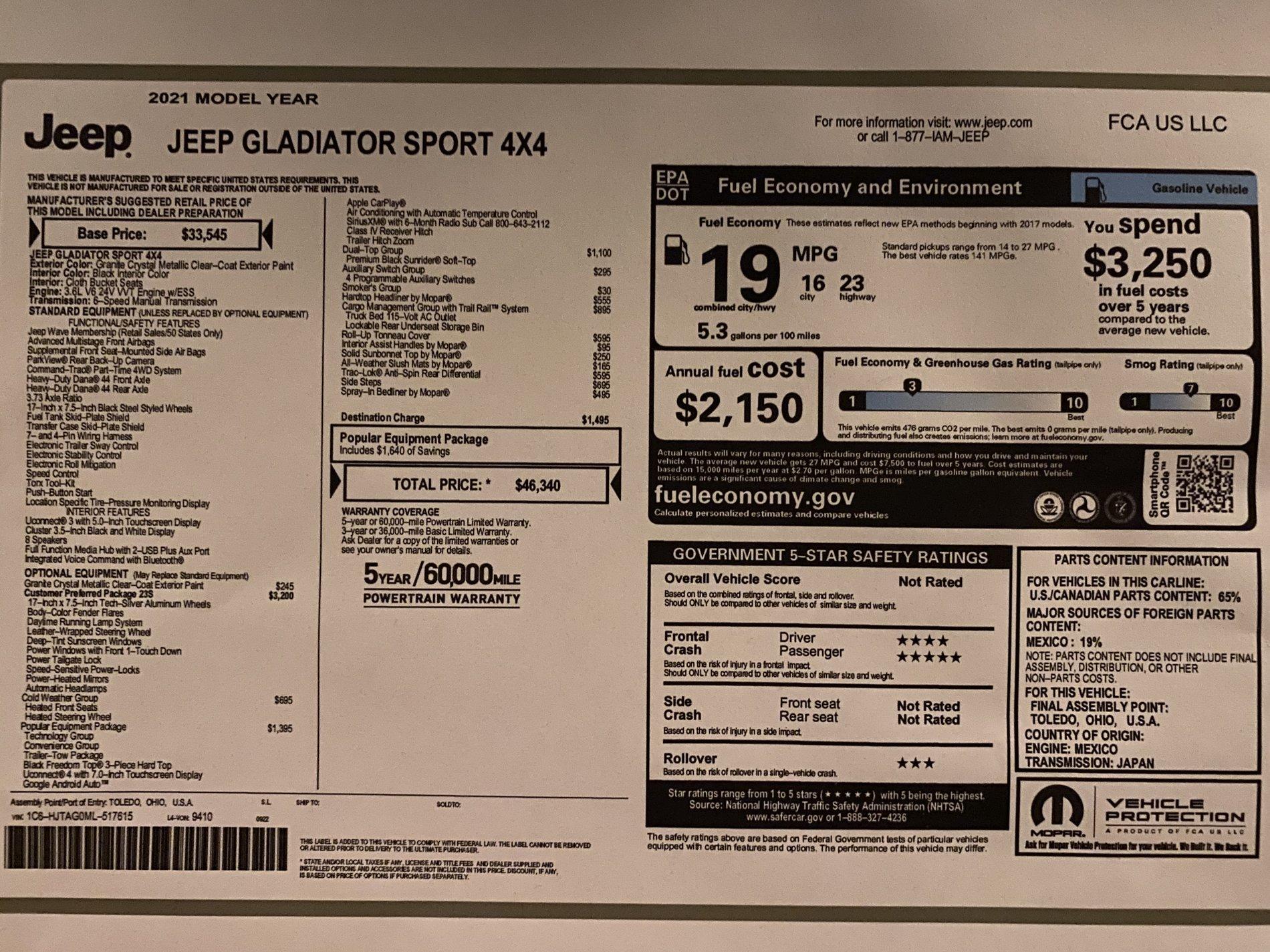 Jeep Gladiator Gladiator Window Sticker and Build Sheet Order Tracking 6C788401-4F3E-469D-82BB-684FC22B8014