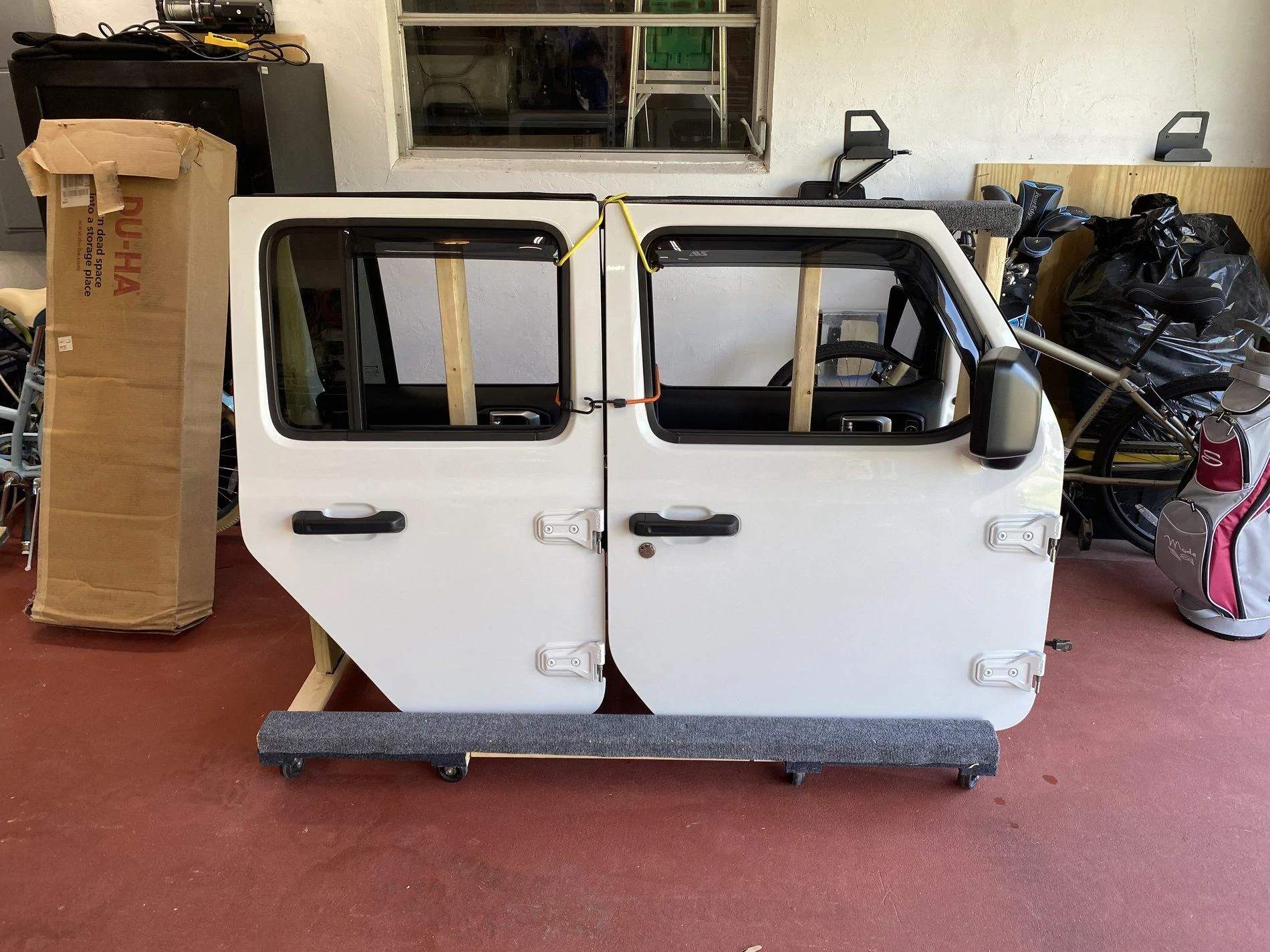 Jeep Gladiator My door and top storage DIY solutions.... cart and hoist. 1343ED7E-1B6D-4F20-88BD-0E04633BB1FC