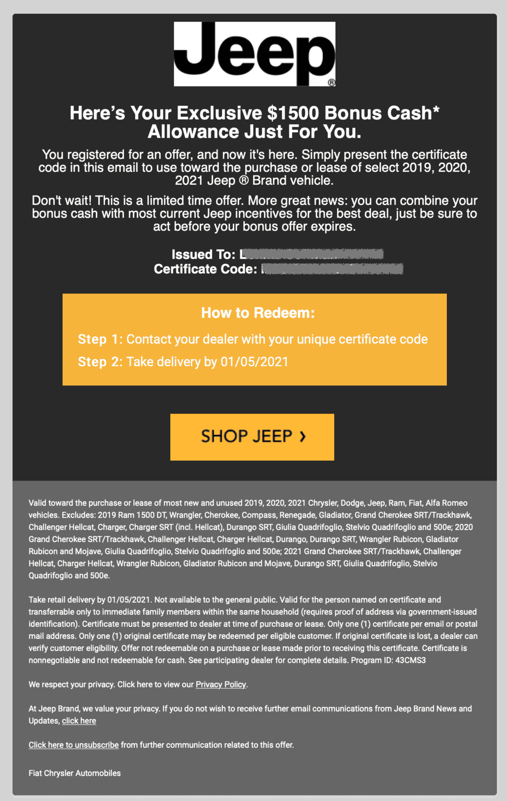 Jeep Gladiator Check emails. Just got a 1000 Bonus cash Screen Shot 2020-11-07 at 2.35.42 PM
