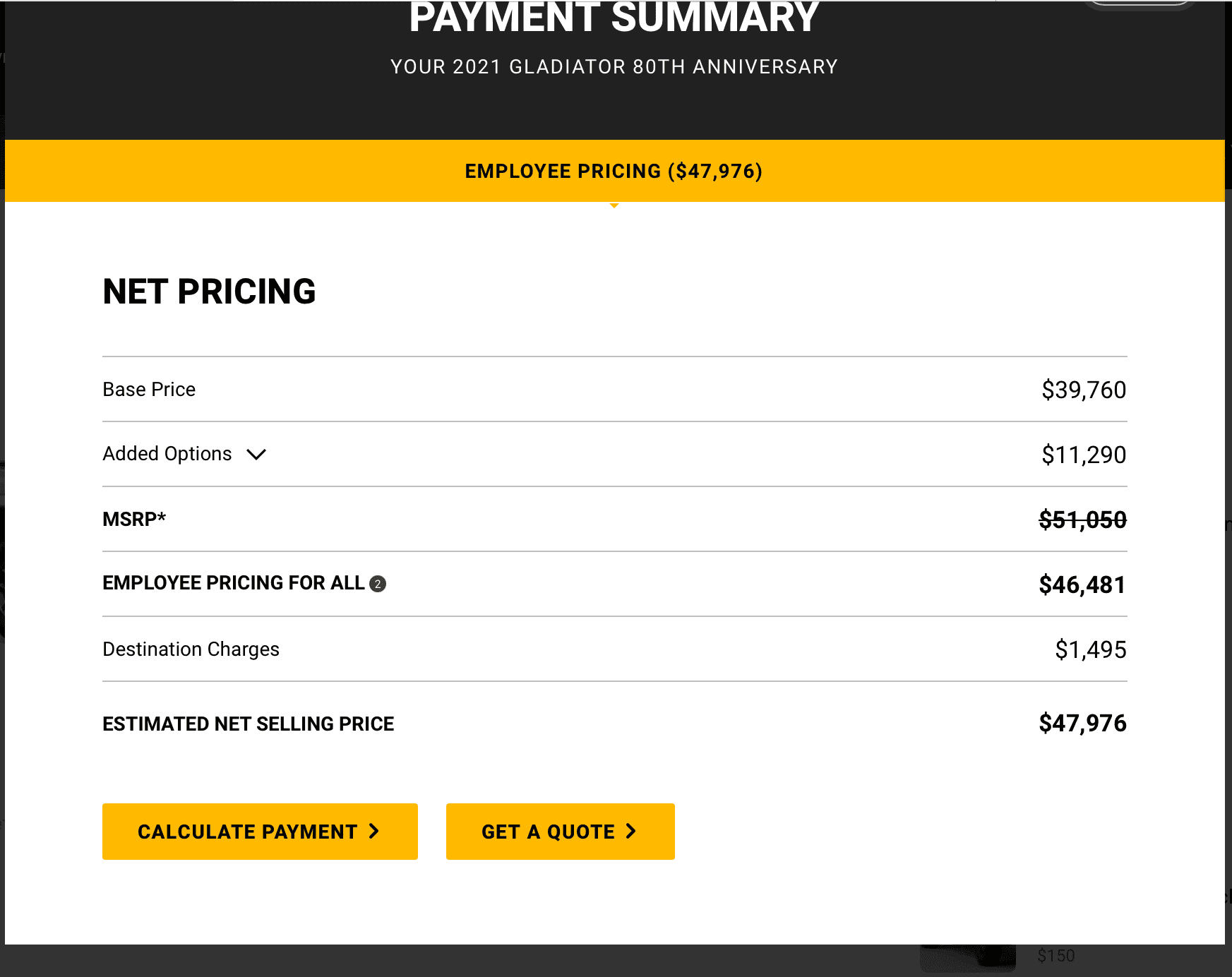 Jeep Gladiator Difference in pricing from configuration tool. 1607359124630