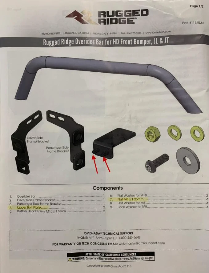 Jeep Gladiator Rugged Ridge HD Bumper - Overider Bar installation issue Overider Bar Instructions