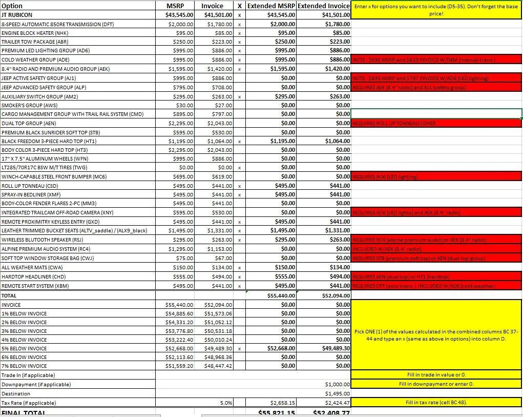 Jeep Gladiator Gladiator Pricing Calculator WorkSheet Gladiator Pricing