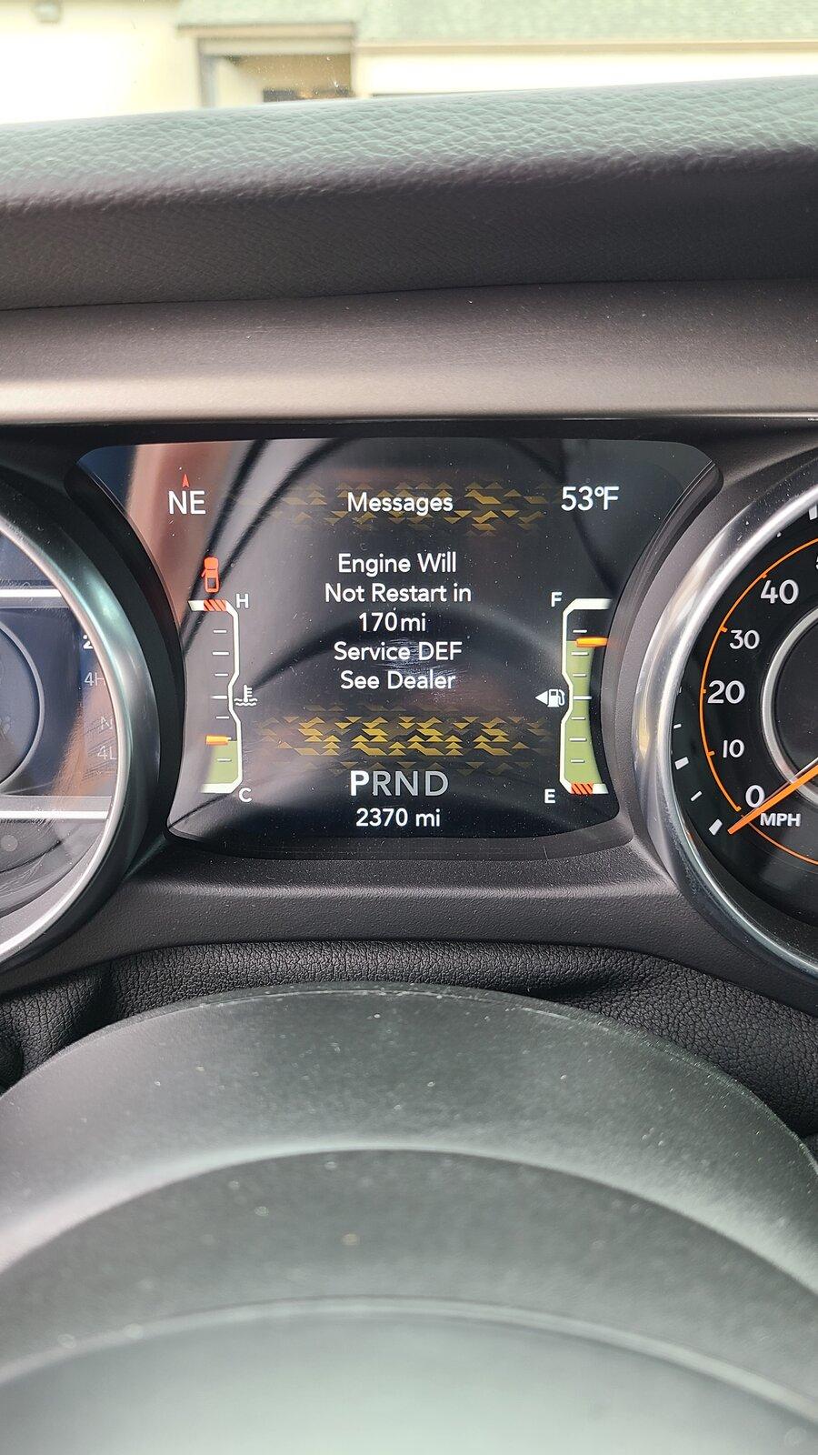Jeep Gladiator Service DEF system see dealer warning message 16124582266474781516340685406592