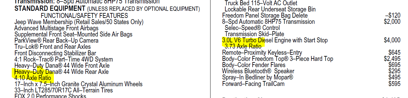 Jeep Gladiator JT Rubicon Diesel window sticker says gears are 4.10 and 3.73? 1614025995209