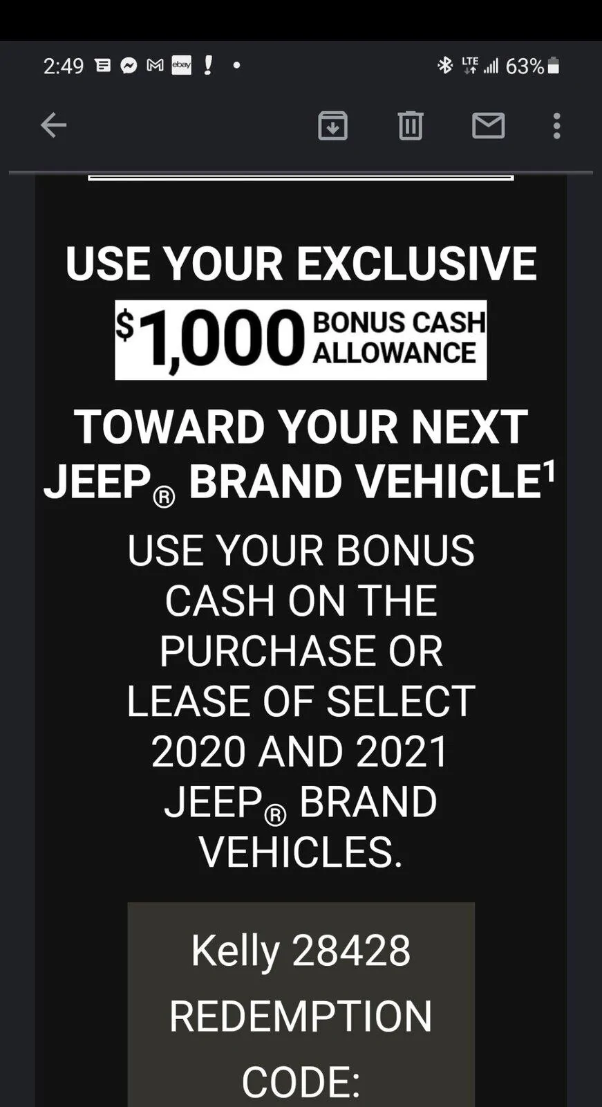 Jeep Gladiator Check emails. Just got a 1000 Bonus cash Screenshot_20210309-075923_Messages