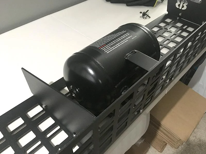Jeep Gladiator Air Tank mounted on our new Bed Side Air Compressor Enclosure and Under Seat MOLLE Bin IMG_6727_sm