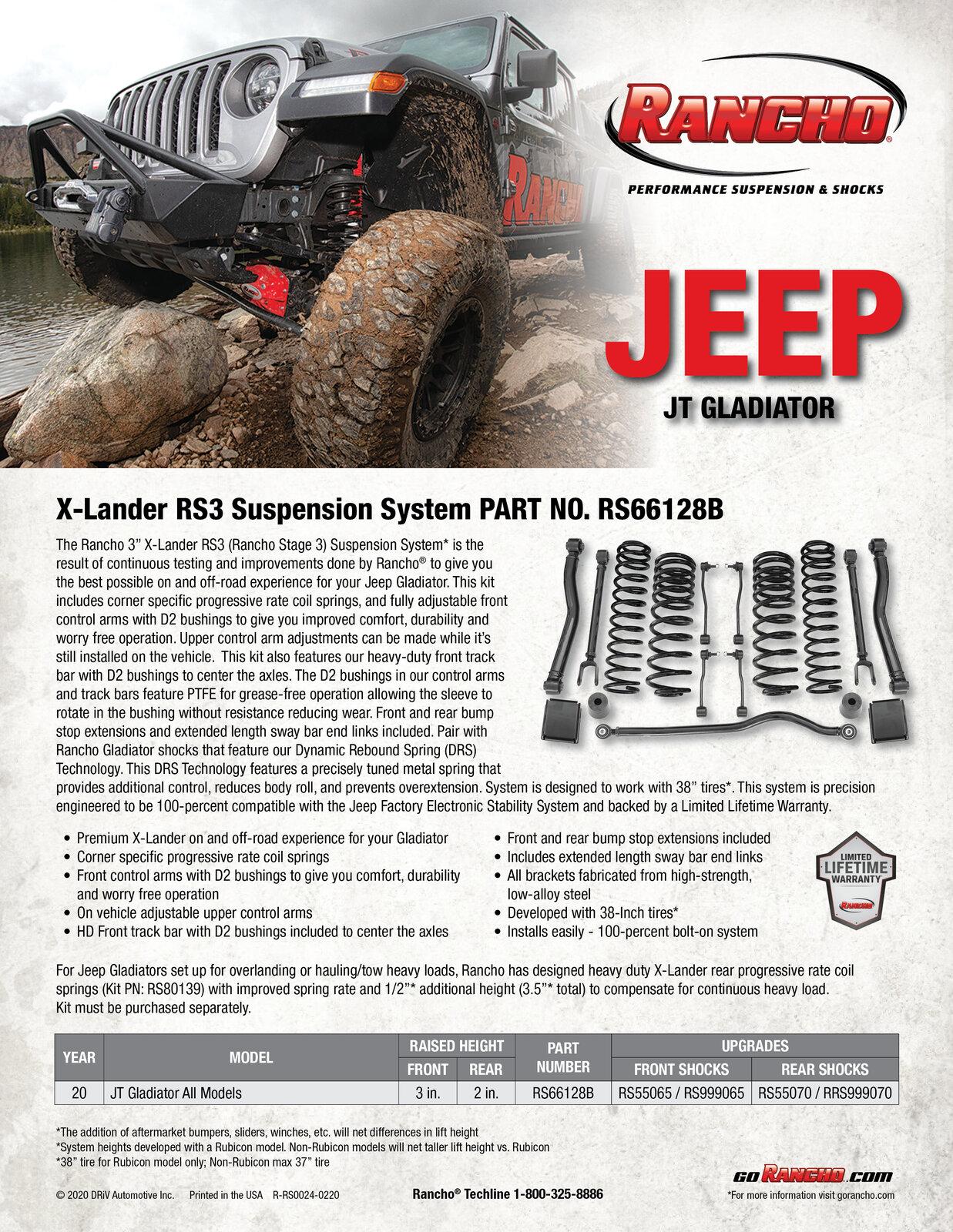 Jeep Gladiator Rancho  X-Lander RS3 Suspension System 3" system XLndr_RS3_SspSys_RS66128B_Feb20_Sell