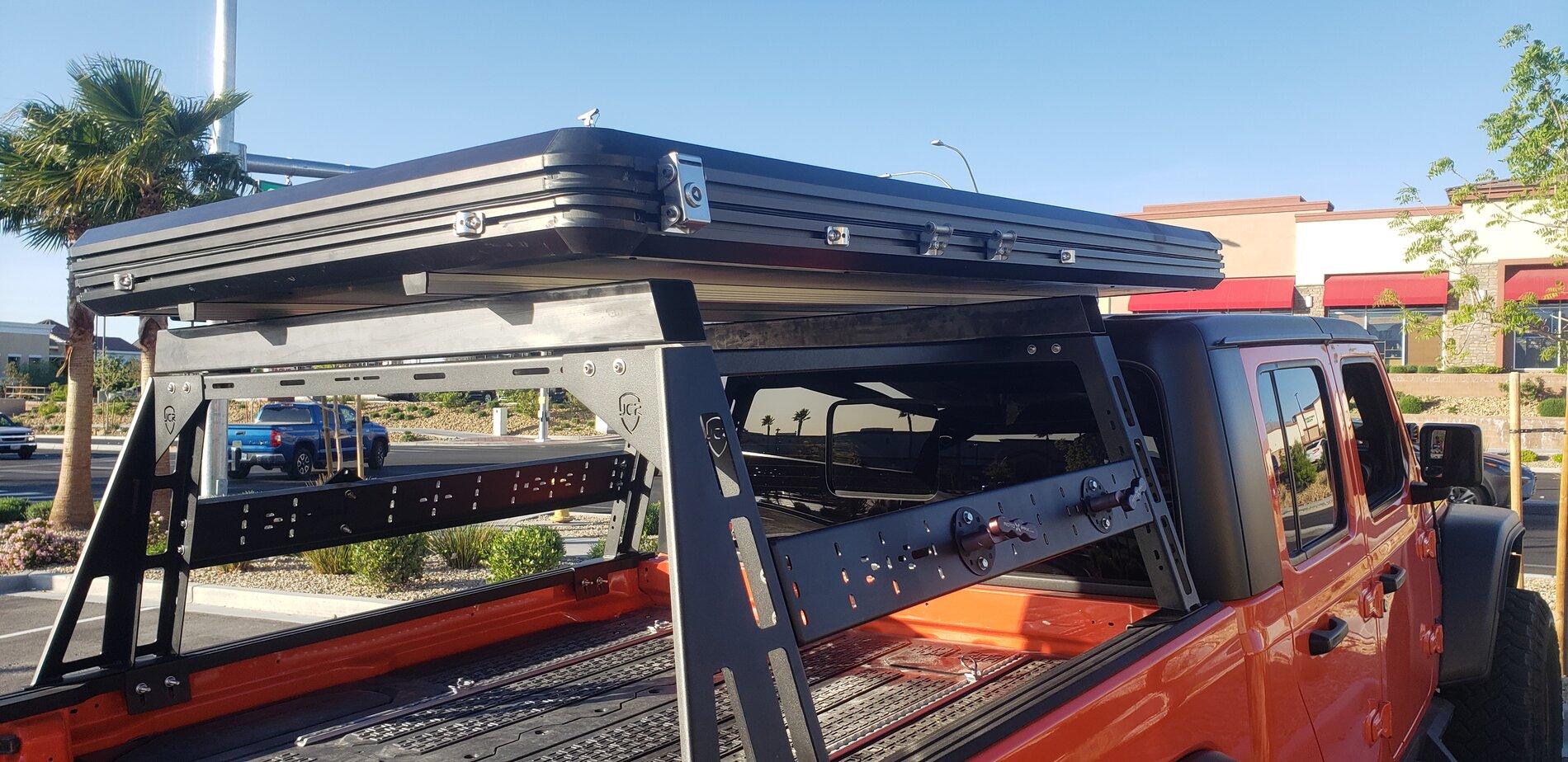 Jeep Gladiator Jcr full rack with roof top tent. I used 3 in square tube to elevate rtt. 20210410_073141