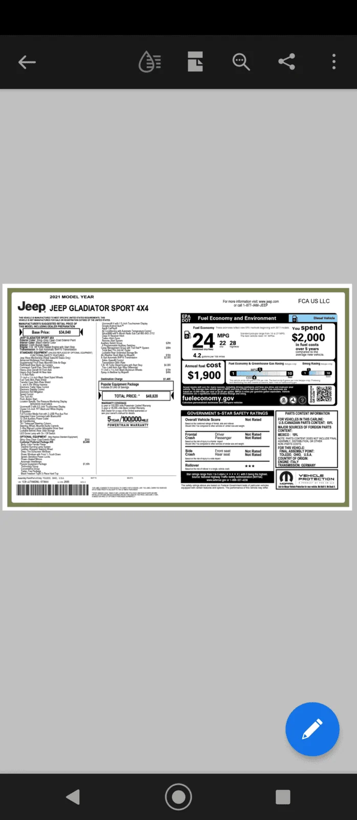 Jeep Gladiator Gladiator Window Sticker and Build Sheet Order Tracking Screenshot_20210418-162419