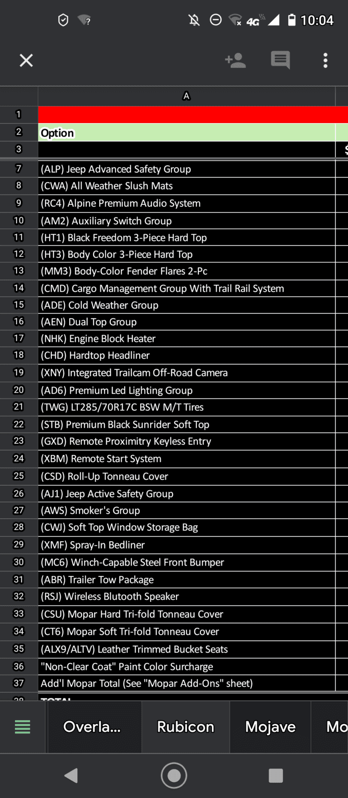 Jeep Gladiator 2021 Gladiator Pricing Worksheet - Google Sheets Screenshot_20210422-220431