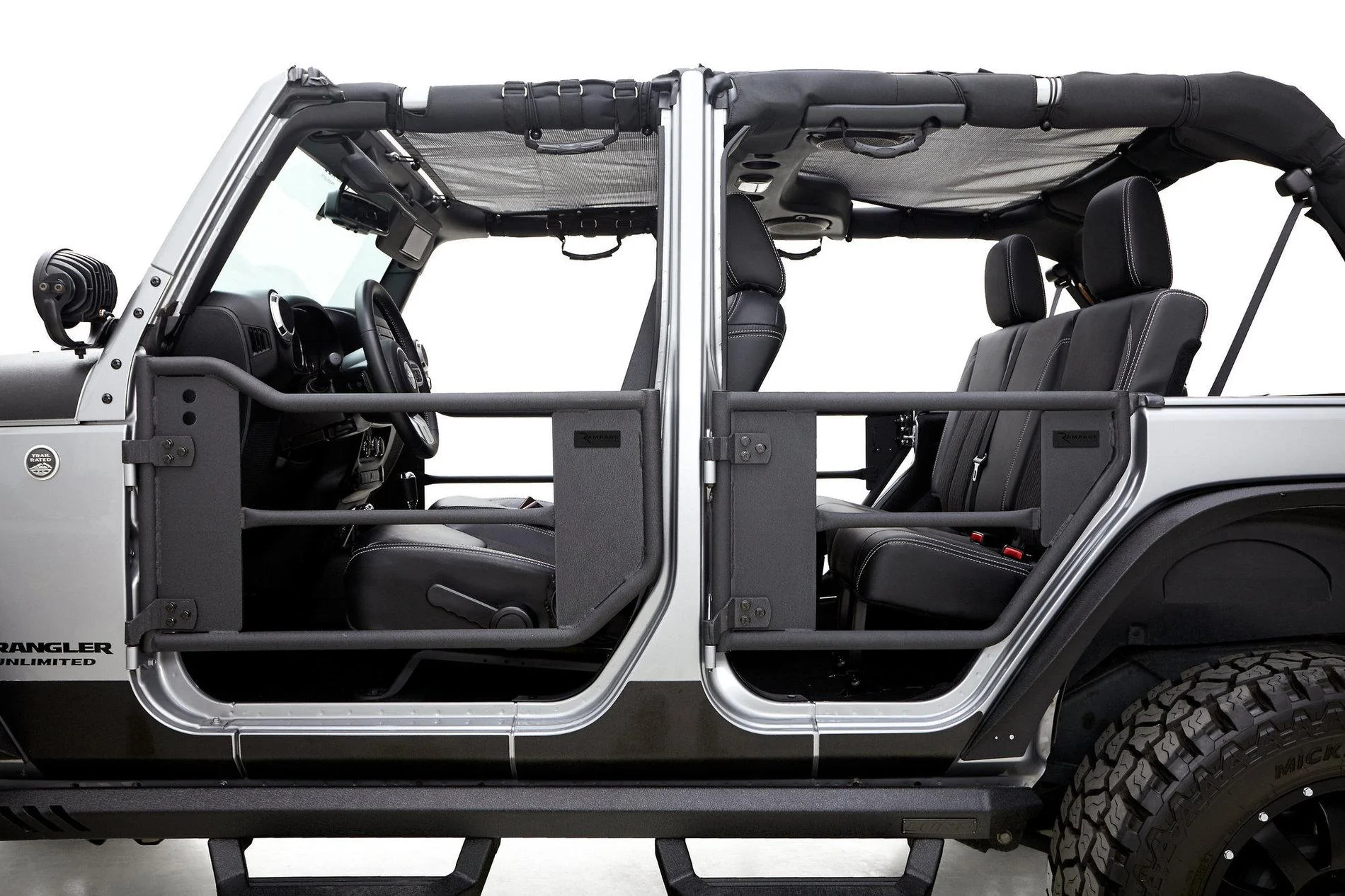 Jeep Gladiator BRIGHT WHITE Gladiator JT Club Rampage-Products-7684-Front-and-Rear-Trail-Doors-Wrangler-JK-Installed-Without-Webbing
