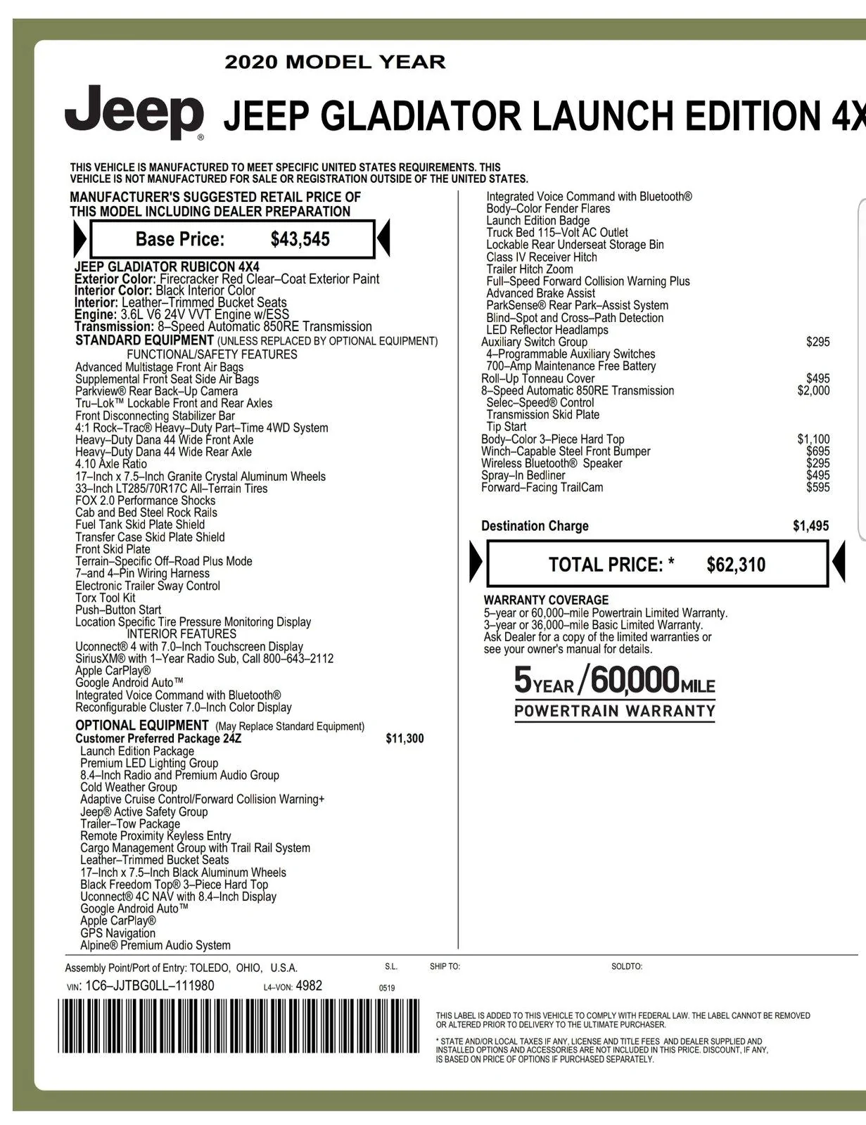Jeep Gladiator Gladiator Window Sticker and Build Sheet Order Tracking 20190521_154653