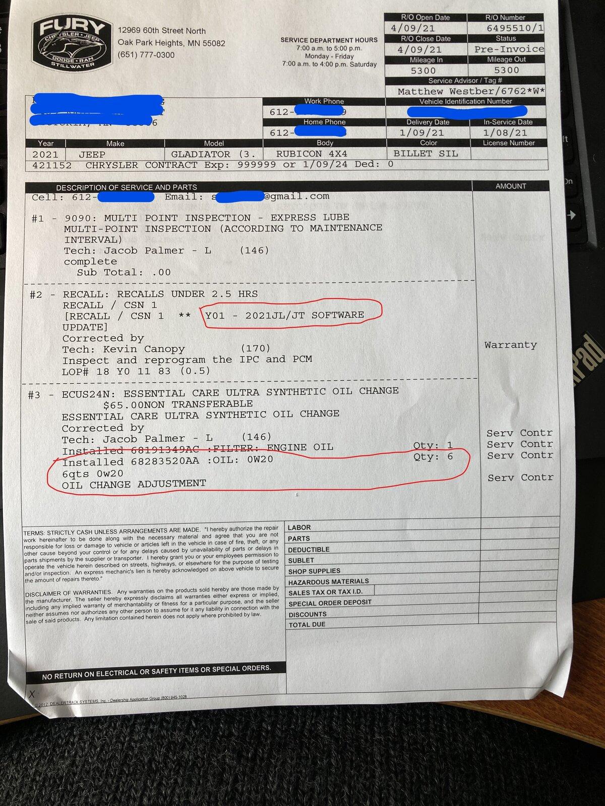Jeep Gladiator Recall: Manual Transmission / Clutch Recall for 2020-2021 Jeep Gladiator (Notice: 21V-028) JTR service record - recall software and oil change 6qt_LI