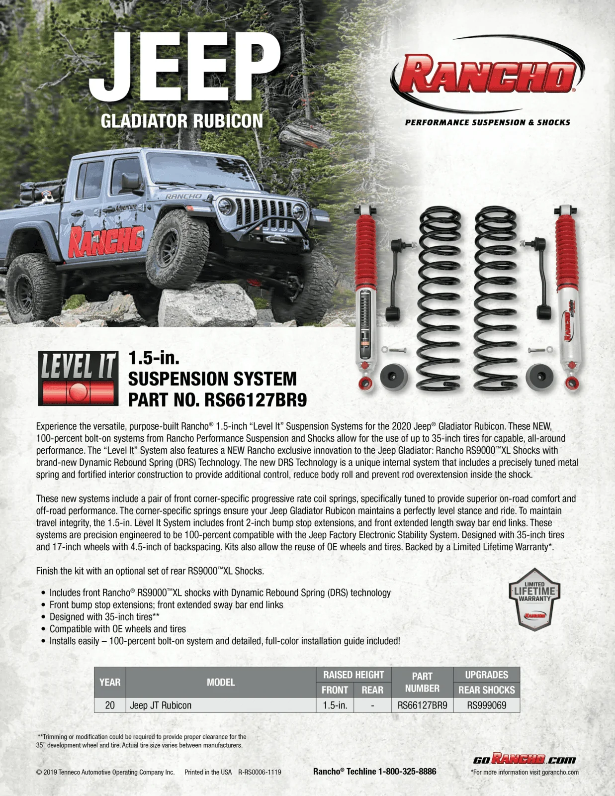 Jeep Gladiator Rancho 1.5" LEVEL IT system for the JT Jeep Suspension Kit RS66127BR9_SellSheet_120319