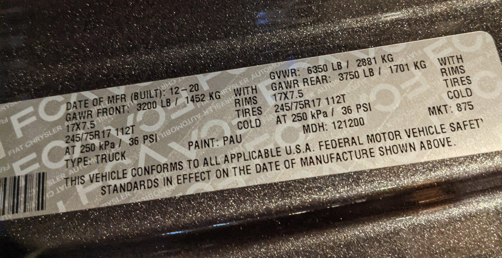 Jeep Gladiator Diesel payload by the door jamb placard PXL_20210503_001535654