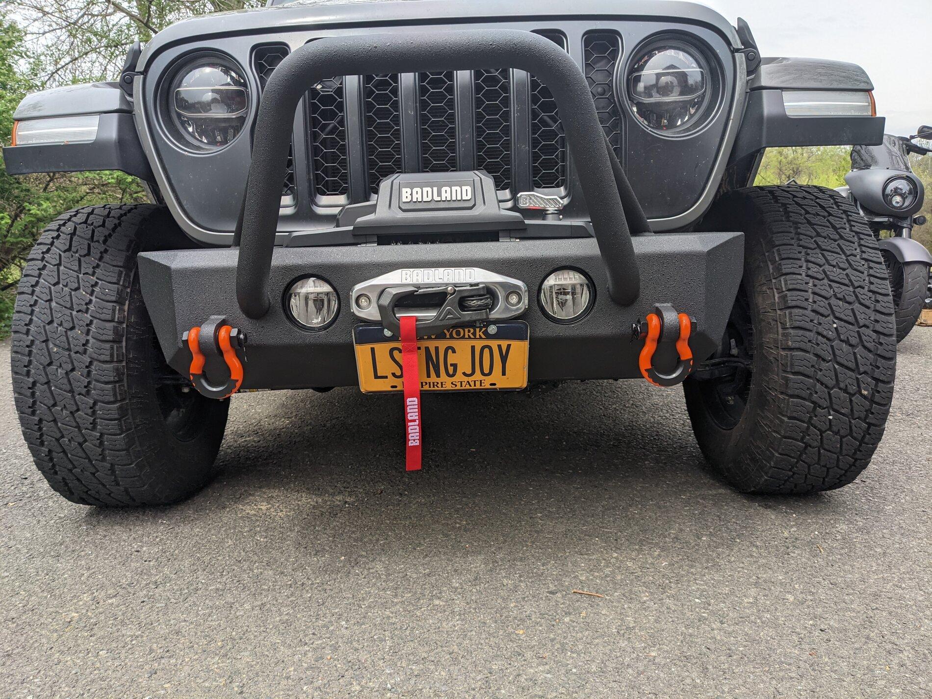 Jeep Gladiator Reaper Gravestone bumper installed with Badlands winch on Mojave 2021-05-03 11.33.05