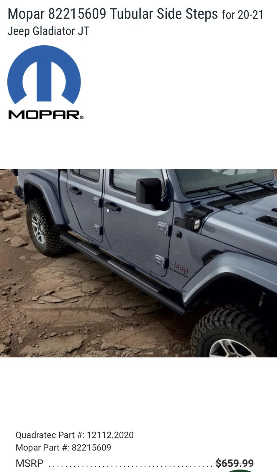 Jeep Gladiator Mopar 82215609 Tubular Side Steps for 20-21 Jeep Gladiator JT 10967BBF-1806-4463-AC72-B772CC7DE8A1