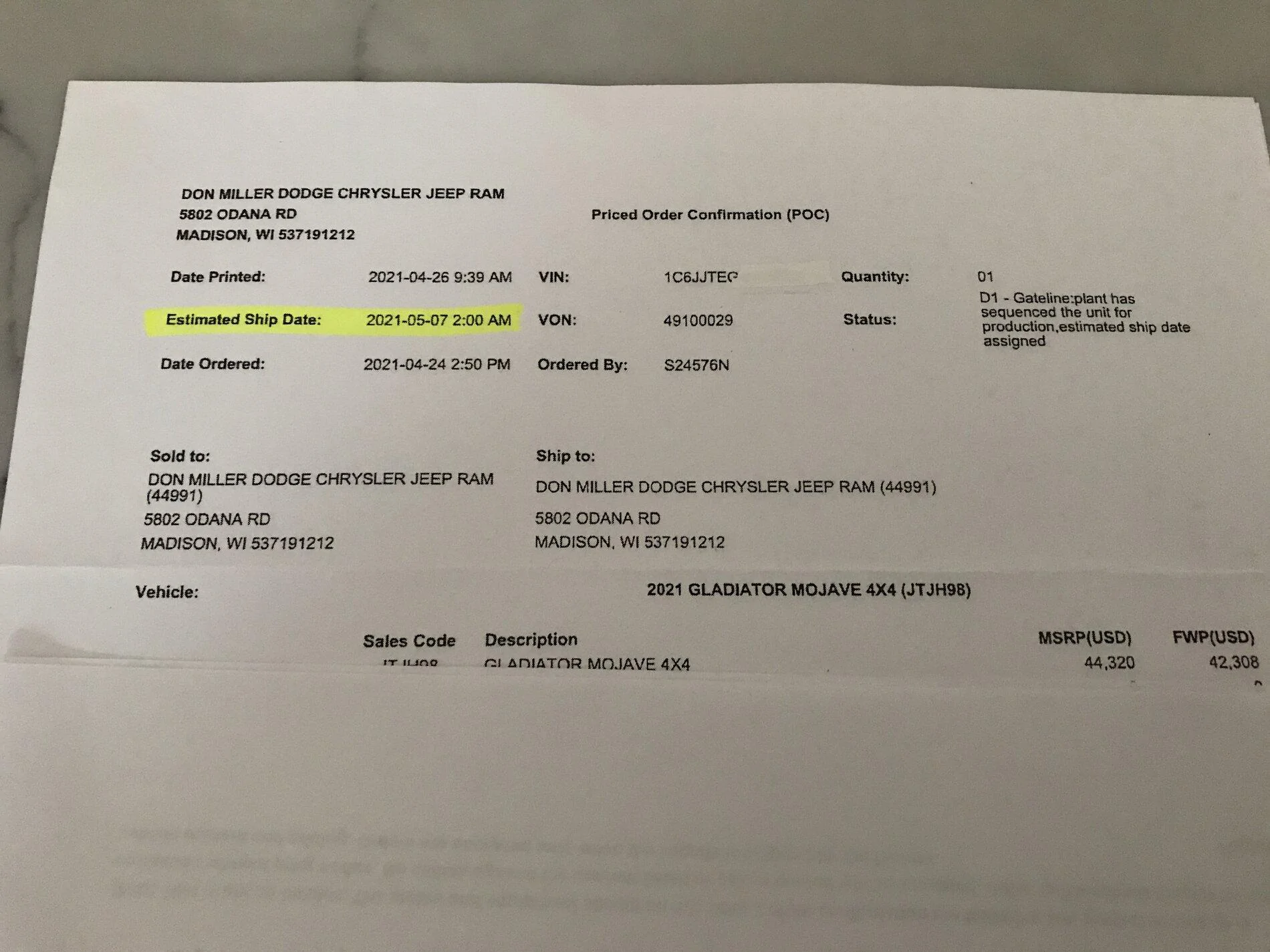 Jeep Gladiator Gladiator Window Sticker and Build Sheet Order Tracking imag