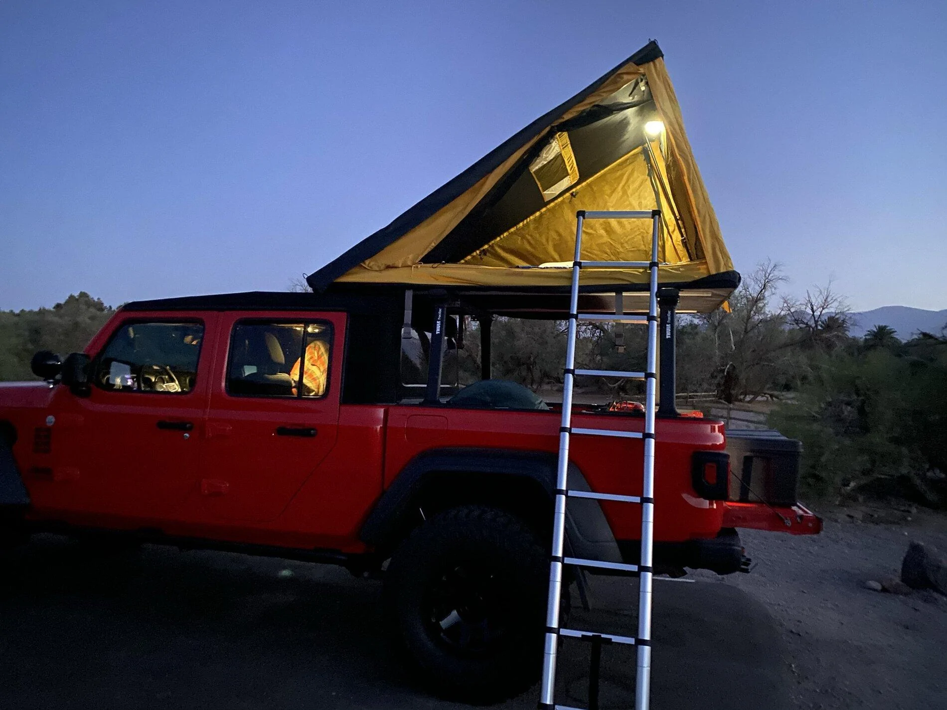 Jeep Gladiator Roof top tent on a roof rack over the cab Death Valley