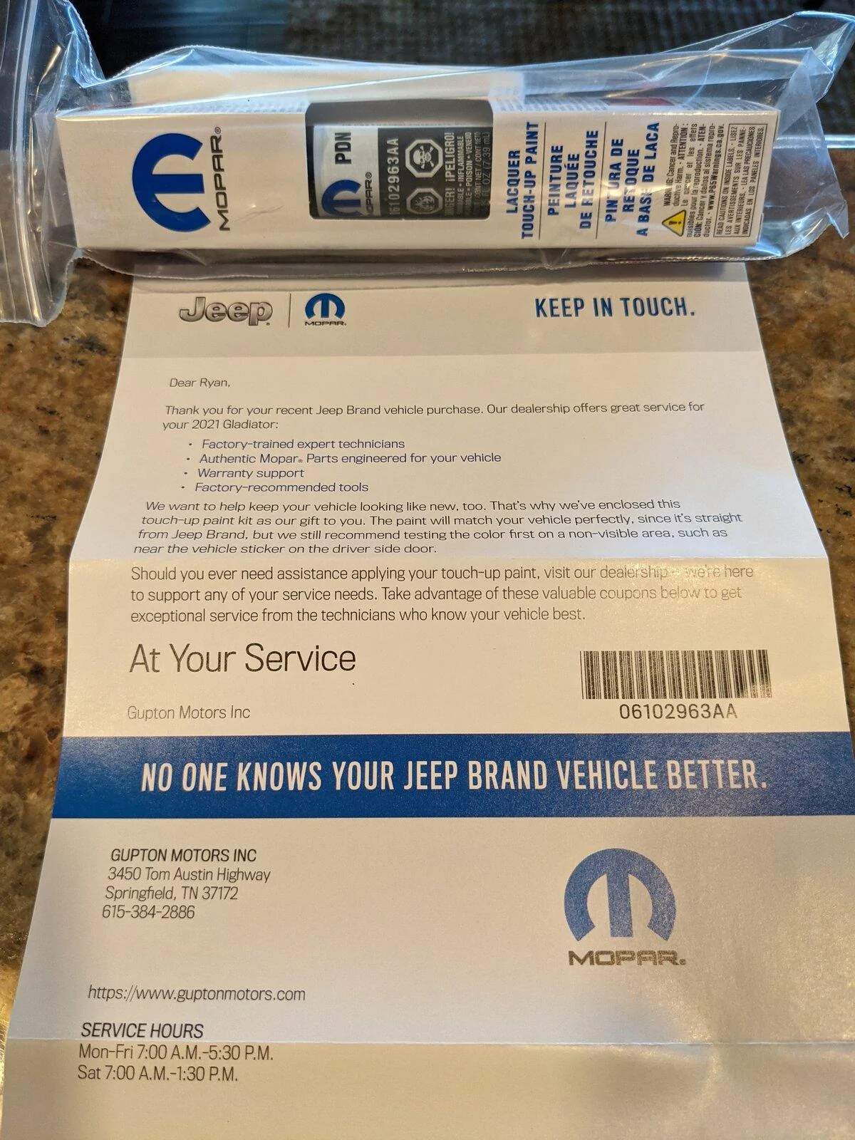 Jeep Gladiator FCA free touch up paint PXL_20210603_013332367