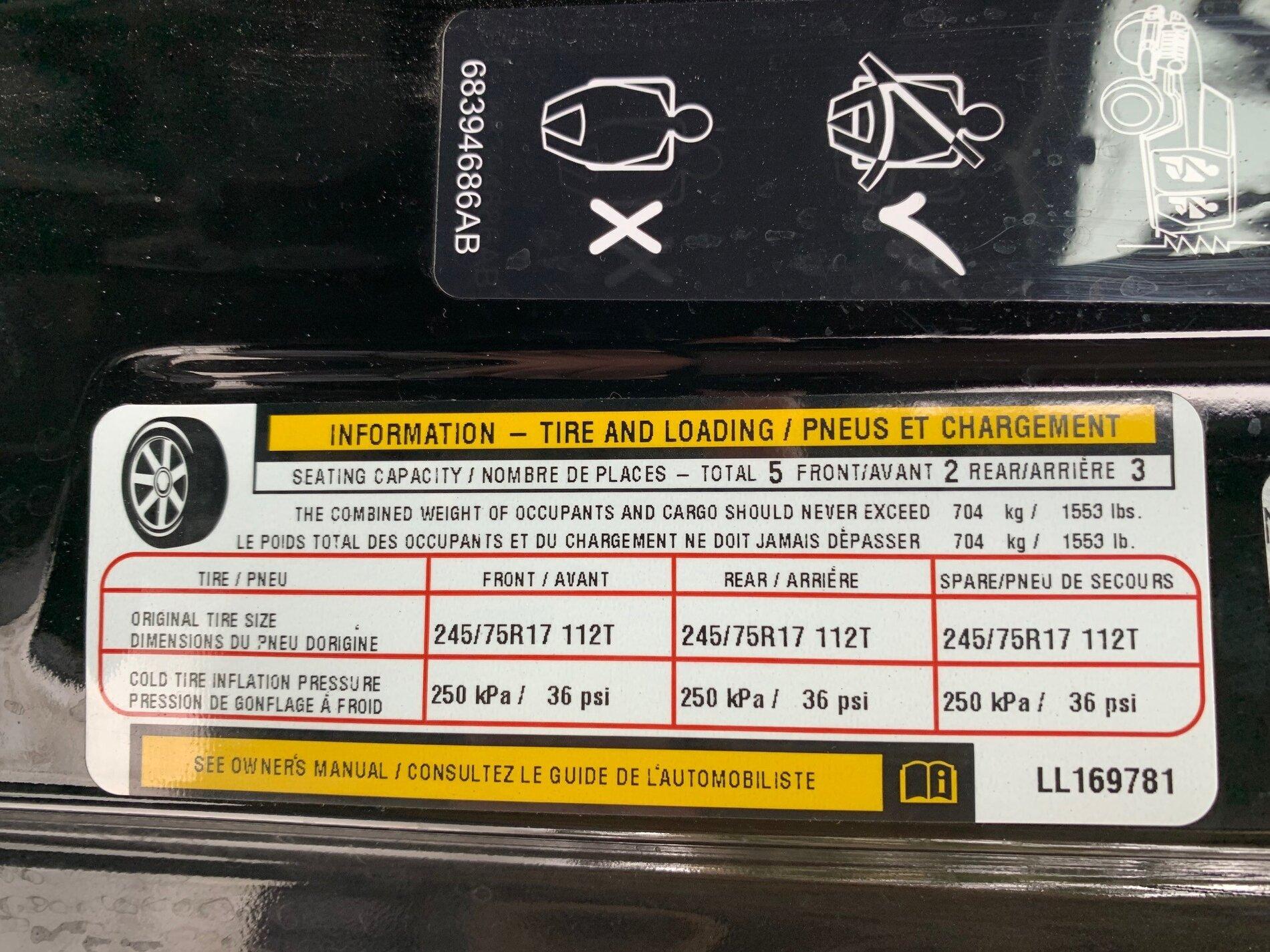 Jeep Gladiator BFG KO2 LT285/70R/17 Tire Pressure (once and for all) JT Tire Sticker