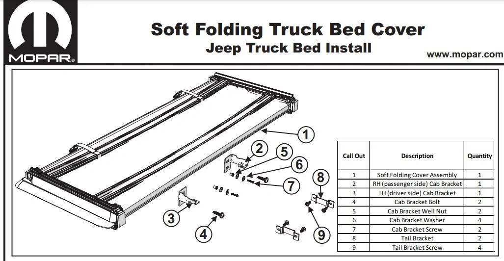 Jeep Gladiator (replacement) Mopar soft tri-fold Tonneau cover brackets