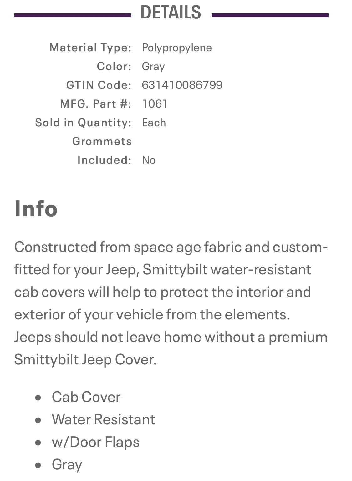 Jeep Gladiator SmittyBilt #1061 TJ Trail/Rain Cover 24544776-90DC-4157-B567-89B5D167BBE7