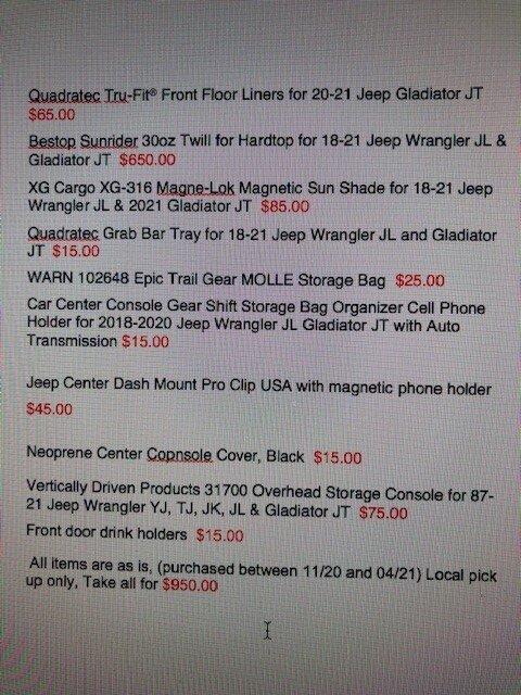 Jeep Gladiator misc stuff for sale list