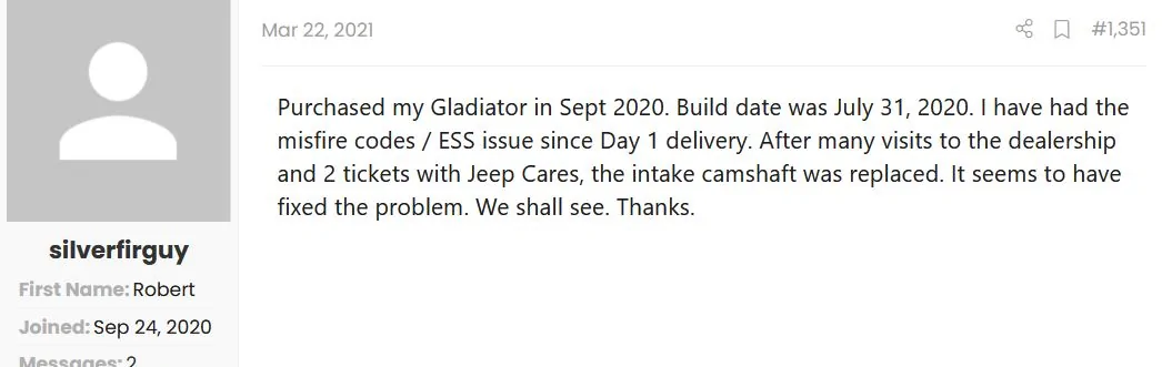 Jeep Gladiator Survey- For those with misfire issues `