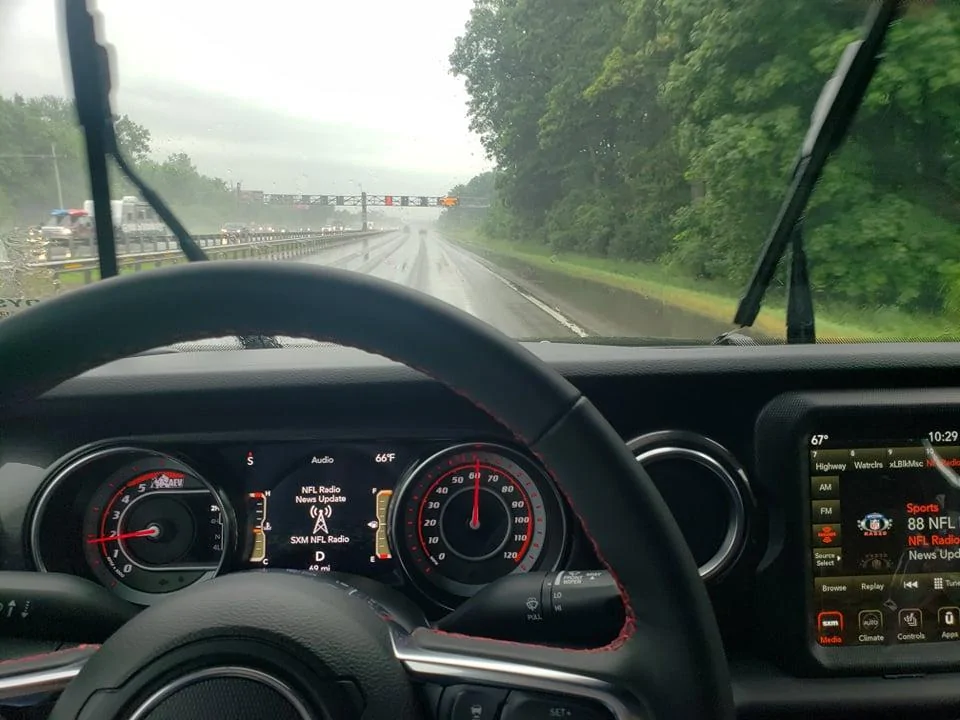 Jeep Gladiator UPDATE: DELIVERED!! Rubicon Diesel: Factory order and Modifications from AEV help with some decisions, tires, wheels, transmission, transfer case pic glad drive in rain 206456405_650010135926783_4423921884537328992_n