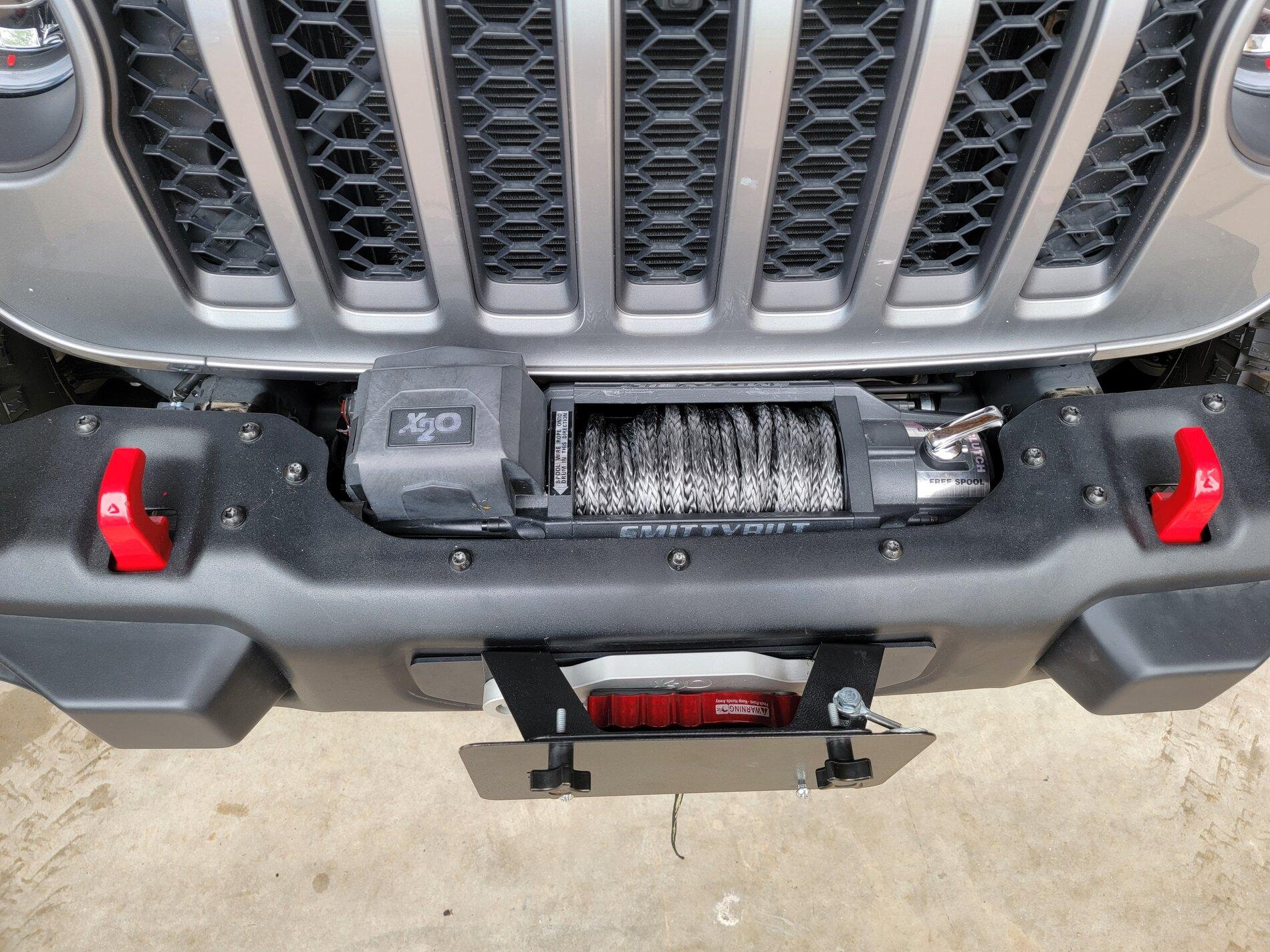 Jeep Gladiator Smittybilt X20 12k winch control box bracket mod for center placement in a RR Arcus bumper 20210516_162419