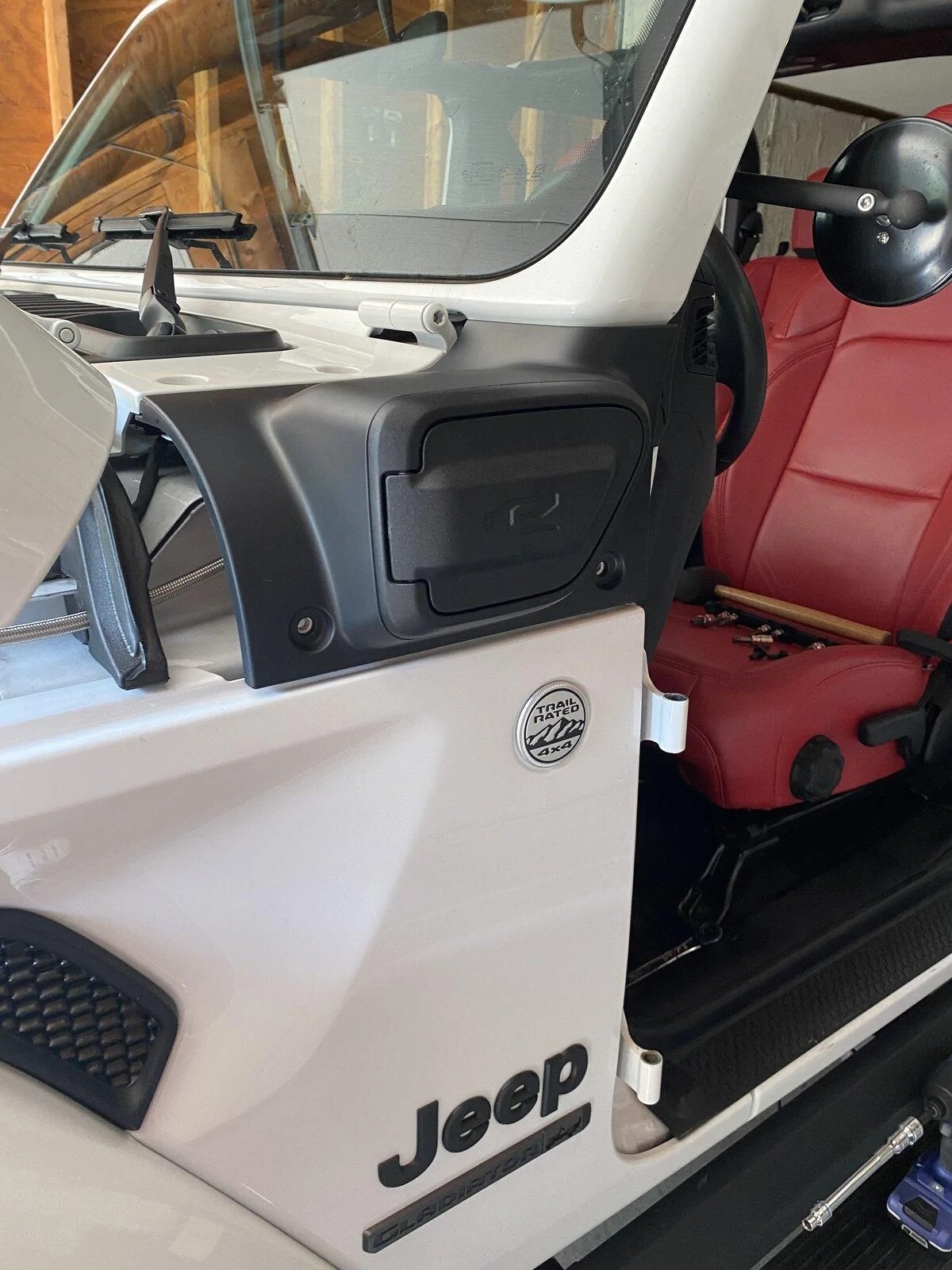 Jeep Gladiator Wrangler 4XE charge port cowl repurposed for ARB on-board air connection 1629208094018