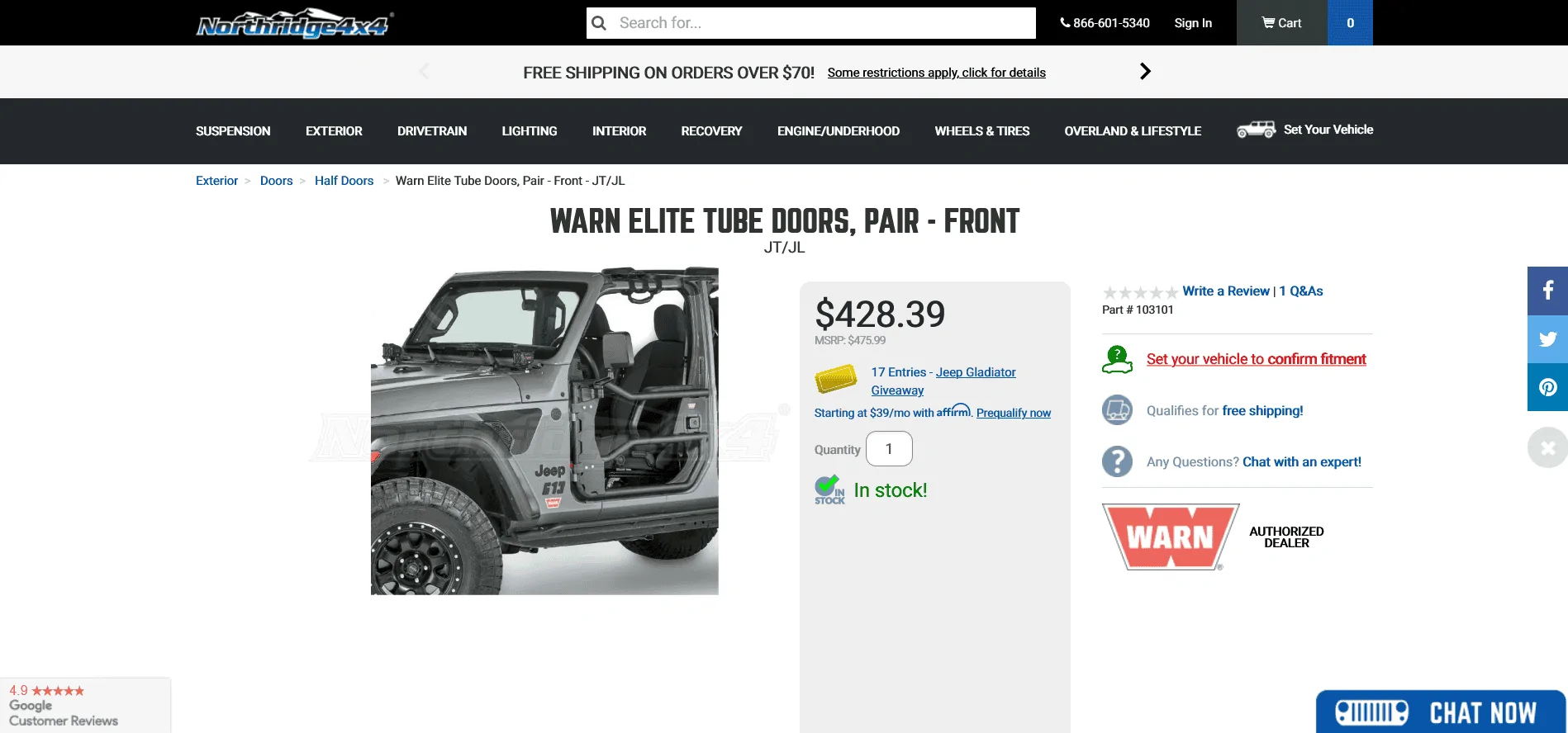 Jeep Gladiator Warn Tube Doors-$750 Screenshot 2021-08-24 at 13-54-31 Warn Elite Tube Doors, Pair - Front 
