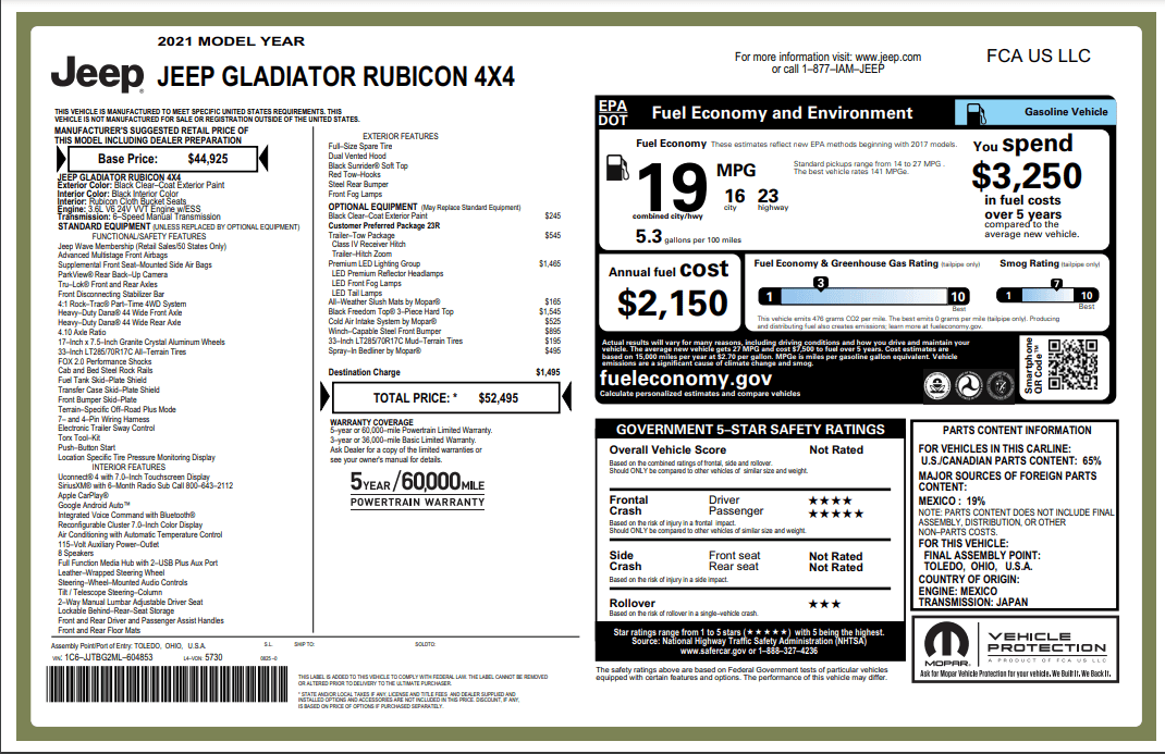 Jeep Gladiator Gladiator Window Sticker and Build Sheet Order Tracking 1630087327456