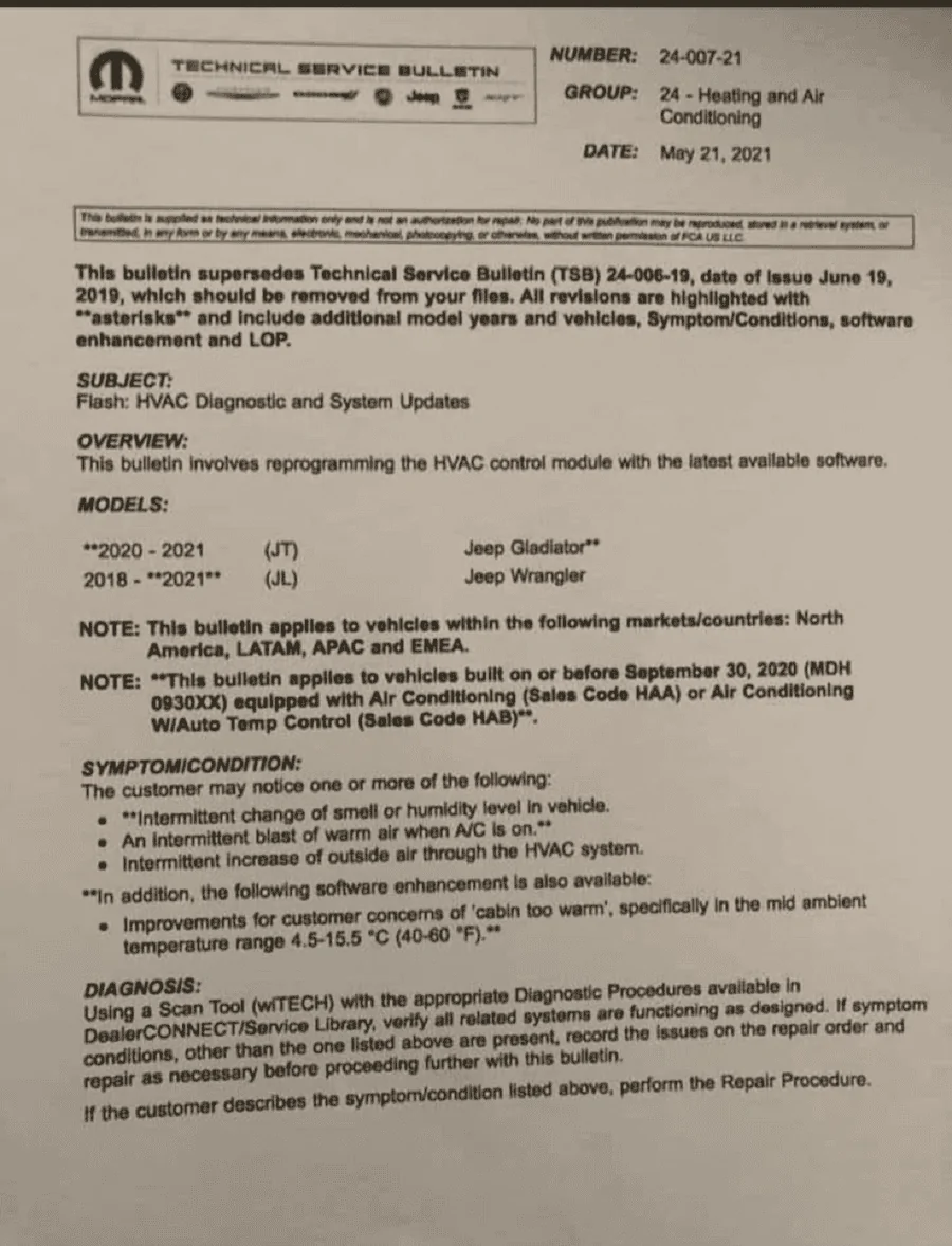 Jeep Gladiator Voided warranty due to gears HVAC-TSB