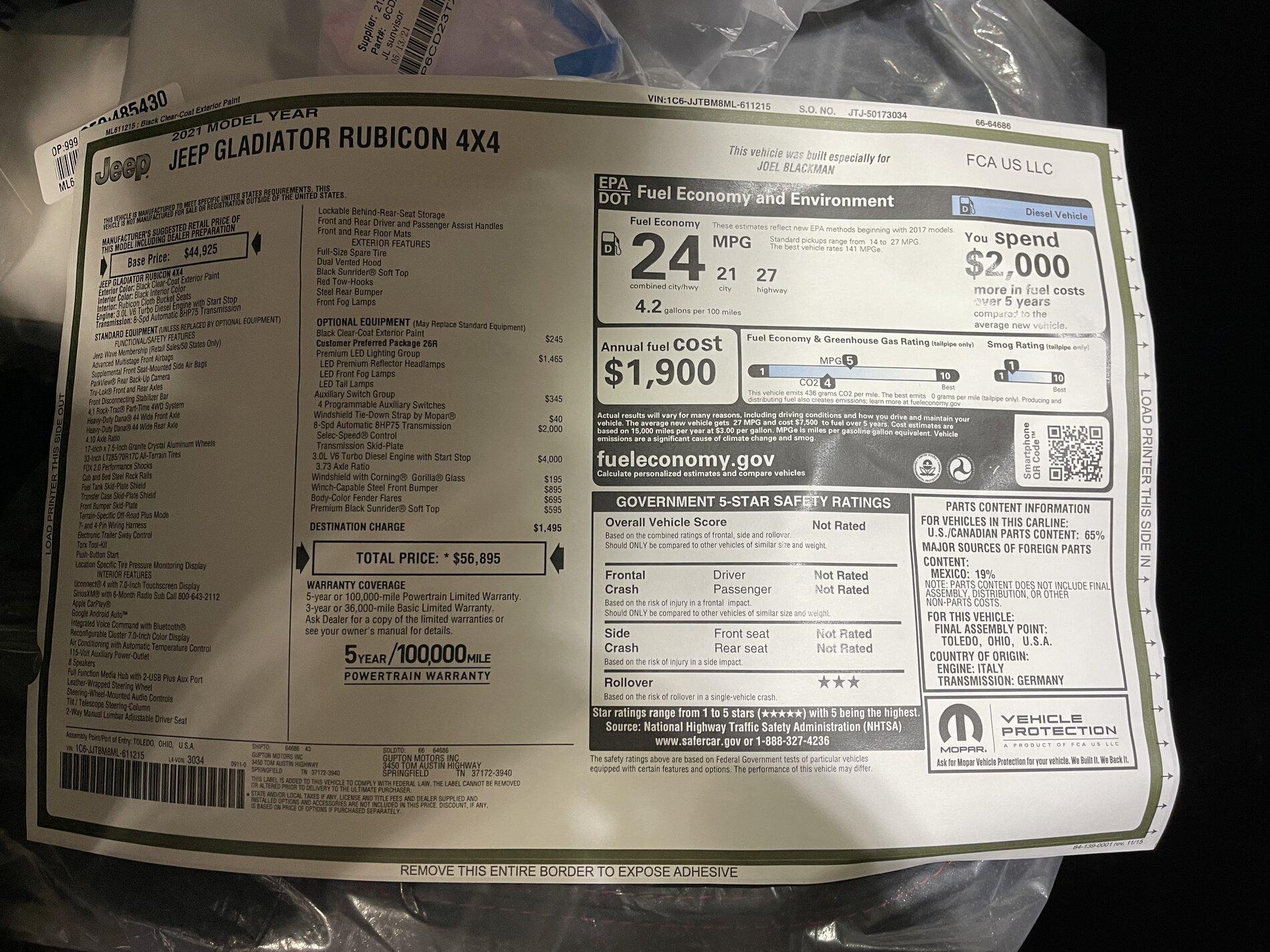 Jeep Gladiator Gladiator Window Sticker and Build Sheet Order Tracking IMG_8560