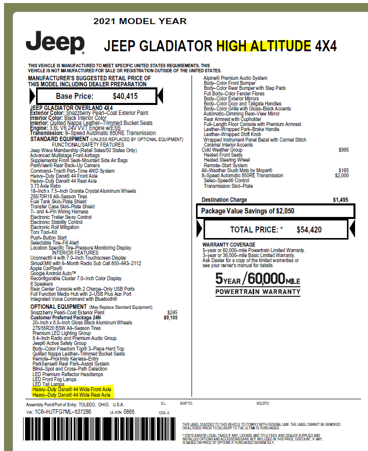 Jeep Gladiator Must have options from factory? HA window sticker
