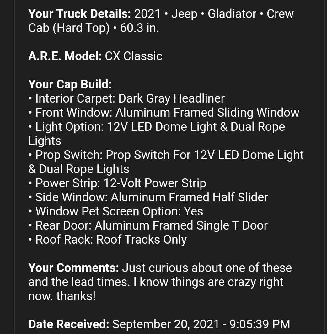 Jeep Gladiator ARE topper quote Screenshot_20210927-144803_Gmail
