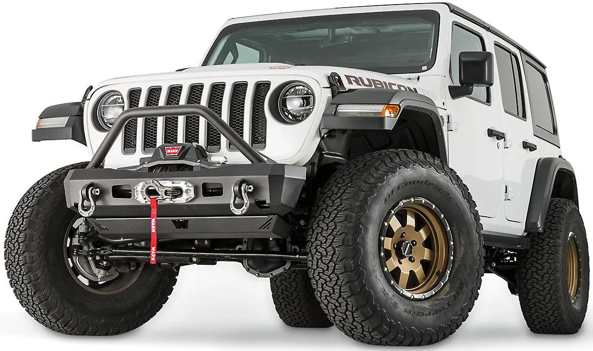 Jeep Gladiator Looking for stubby steel bumper that holds a winch inside the bumper, Warn-Elite-Series-101330-Stubby-Front-Bumper-With-Grille-Guard-JL-Front-Side-Angl