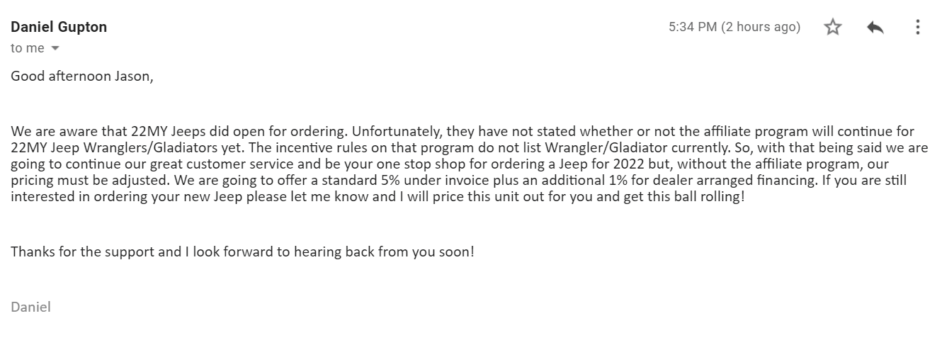 Jeep Gladiator Gupton Motors up to 8% below invoice Gupton reply