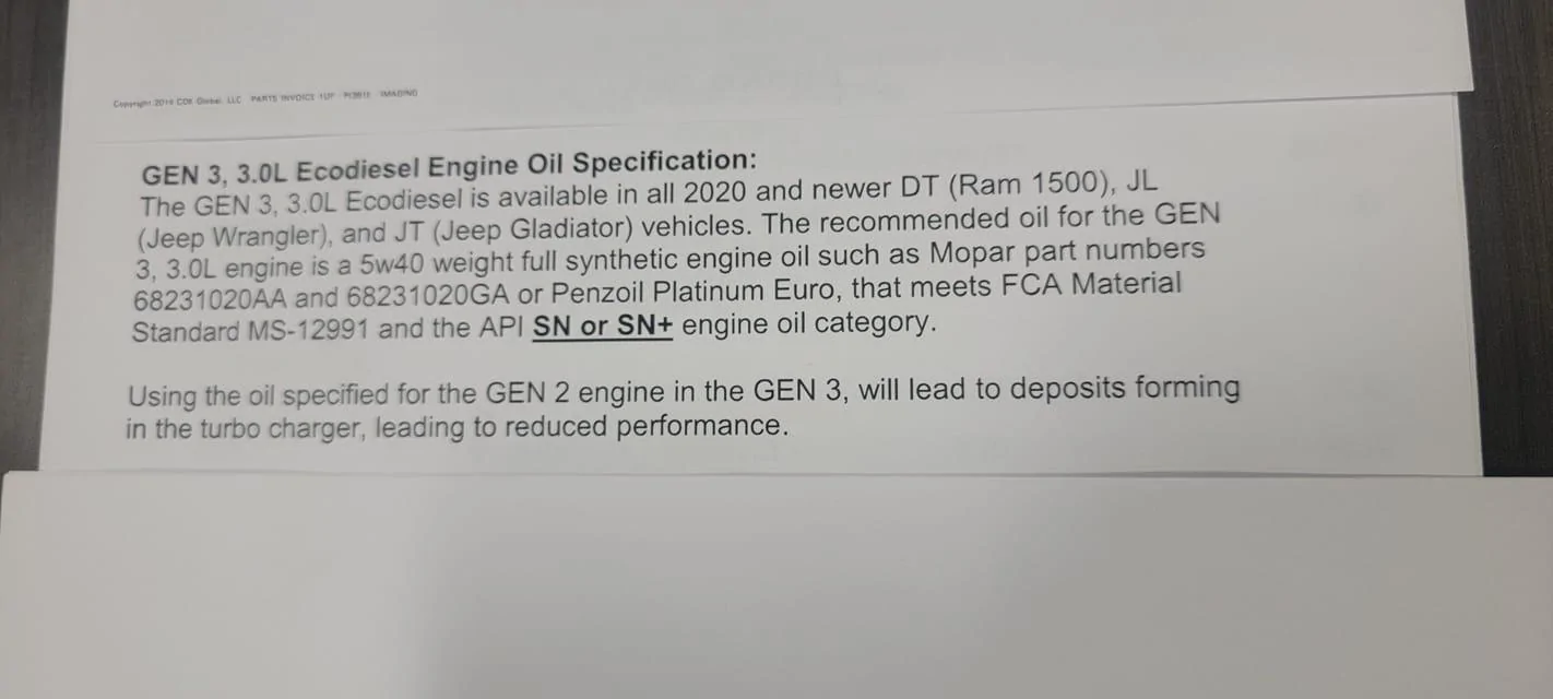 Jeep Gladiator 3.0 EcoDiesel Oil - Mopar part number 244451661_4233408213438546_7333959129453170895_n