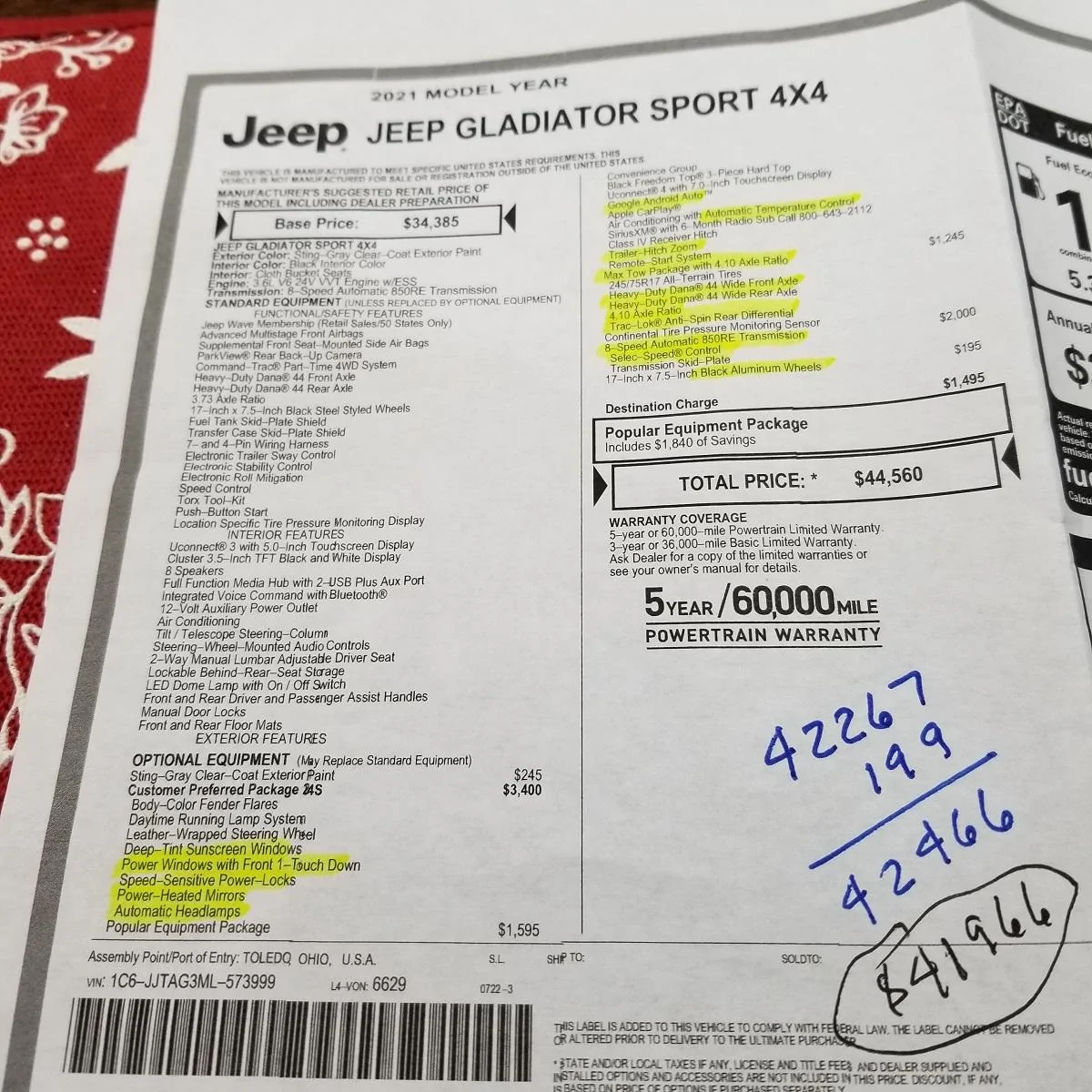 Jeep Gladiator Sting Gray build; Jeep #79 window sticker