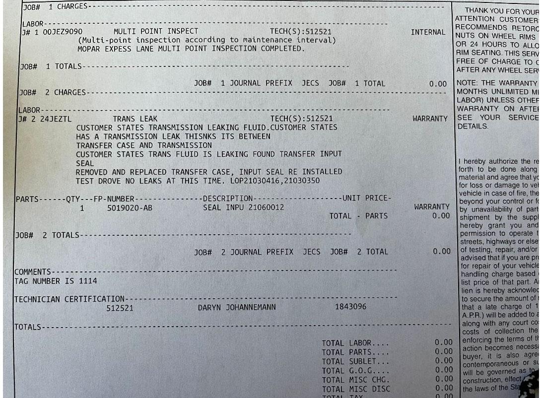 Jeep Gladiator Tranny fluid on ground at 900 miles? jt