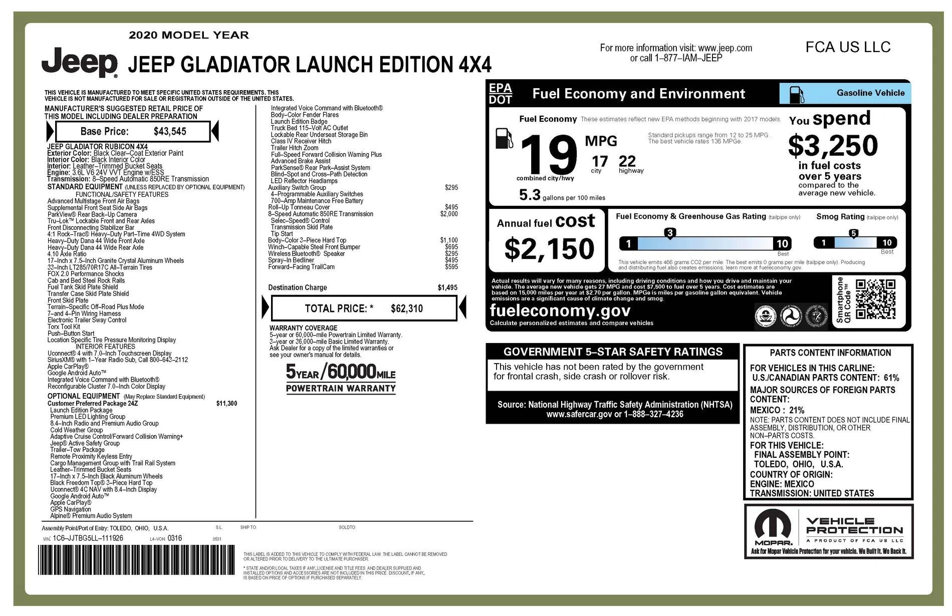 Jeep Gladiator 2020 Jeep Gladiator Launch Edition for Sale windowsticker_2019-06-12-112042243